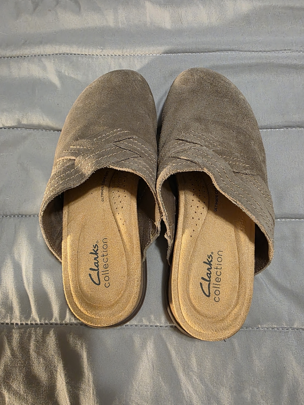 Clarks Taupe Suede Slip-On Mules
